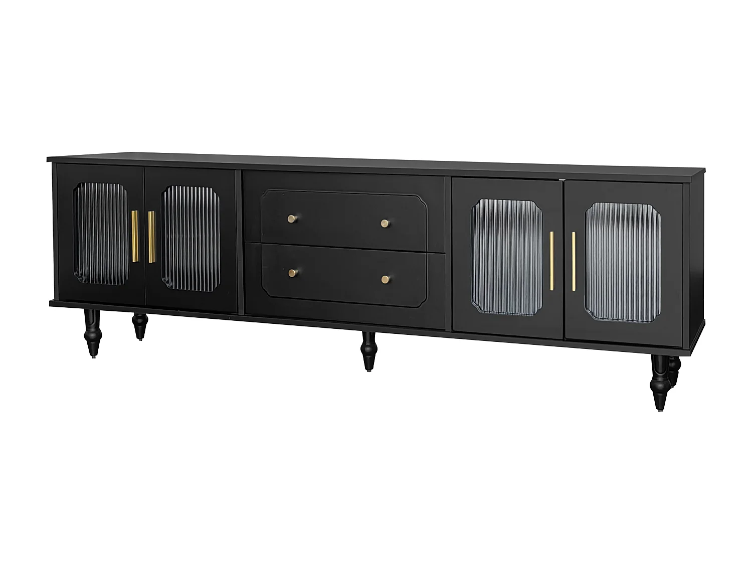 Meuble TV moderne - avec portes en rotin et 2 tiroirs - pieds en métal - Noir