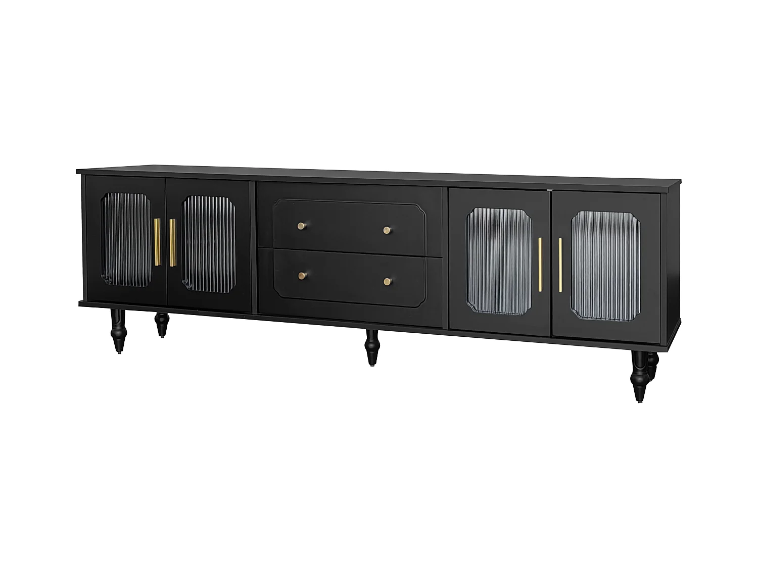 Meuble TV moderne - avec portes en rotin et 2 tiroirs - pieds en métal - Noir