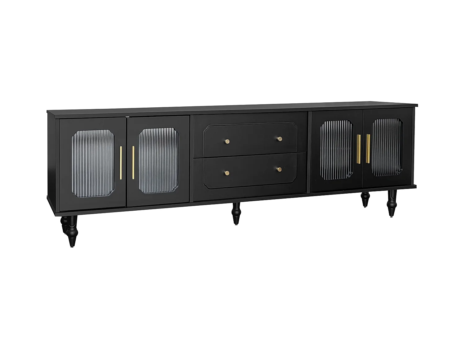 Meuble TV moderne - avec portes en rotin et 2 tiroirs - pieds en métal - Noir