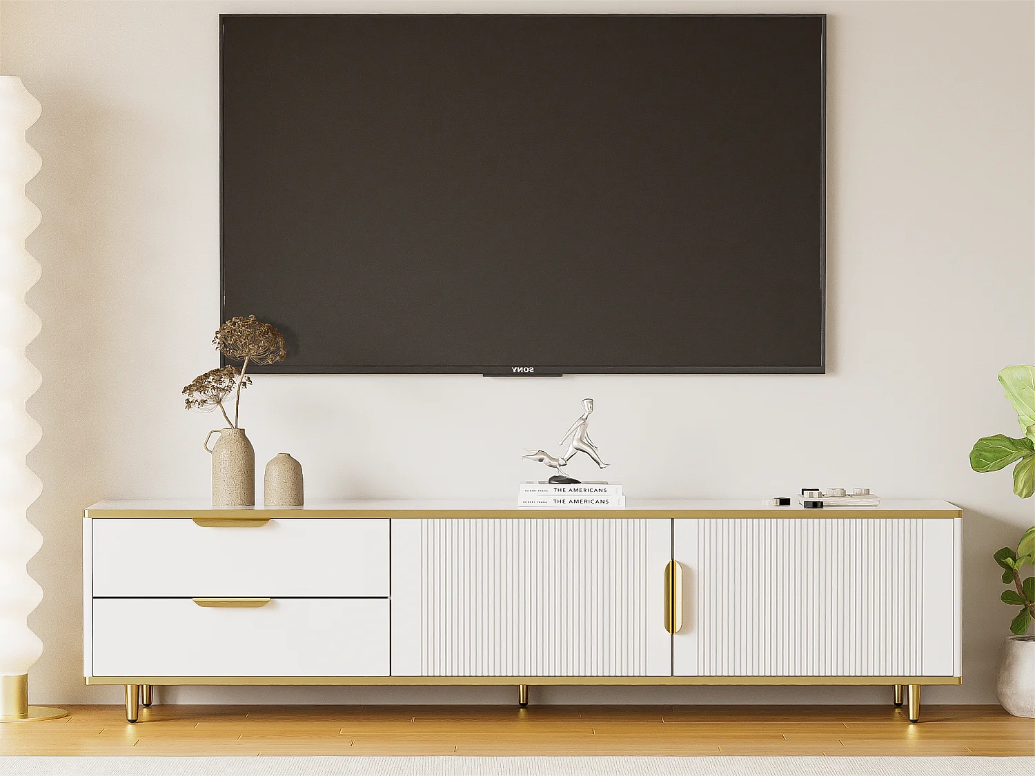 Modern TV-meubel - met 2 deuren en 2 lades - metalen poten - Wit