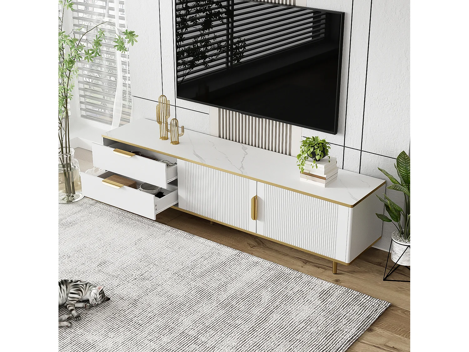 Meuble TV moderne - avec 2 portes et 2 tiroirs - pieds en métal - Blanc