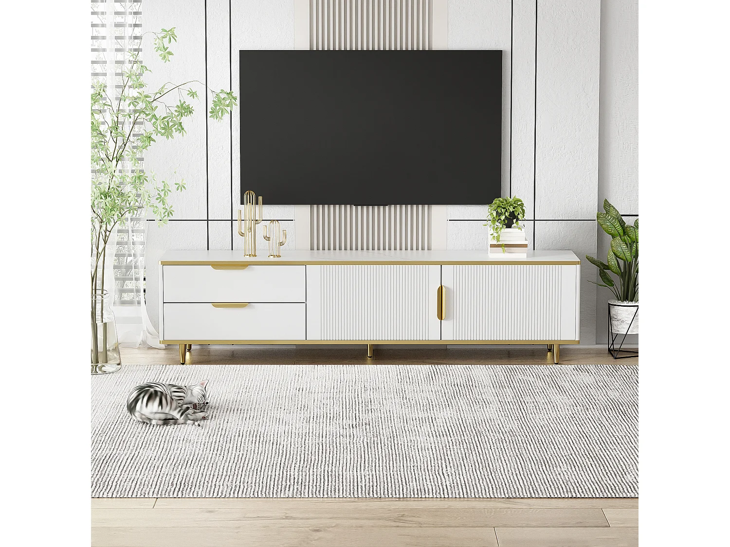 Meuble TV moderne - avec 2 portes et 2 tiroirs - pieds en métal - Blanc