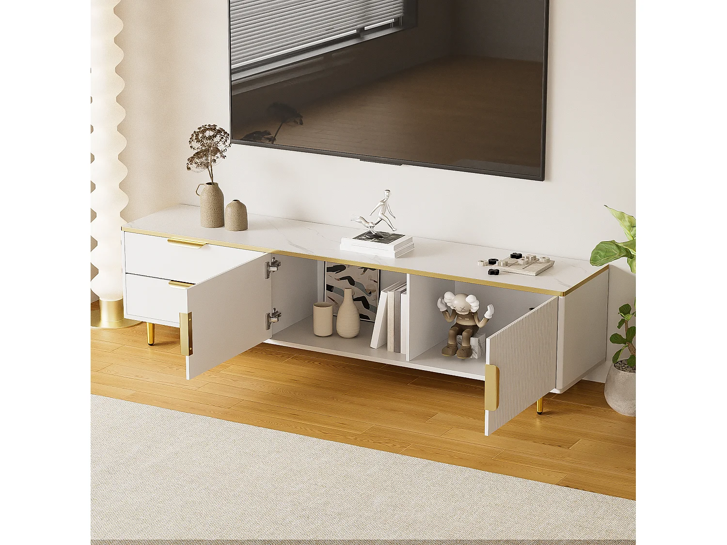 Meuble TV moderne - avec 2 portes et 2 tiroirs - pieds en métal - Blanc
