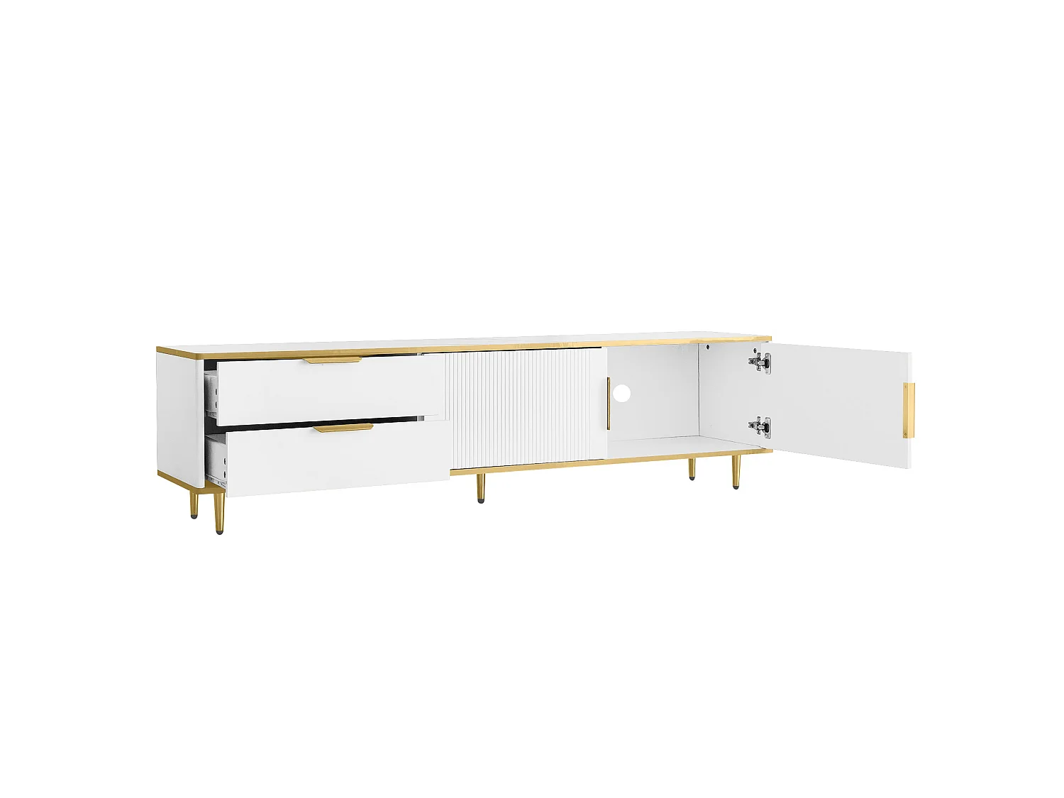Meuble TV moderne - avec 2 portes et 2 tiroirs - pieds en métal - Blanc