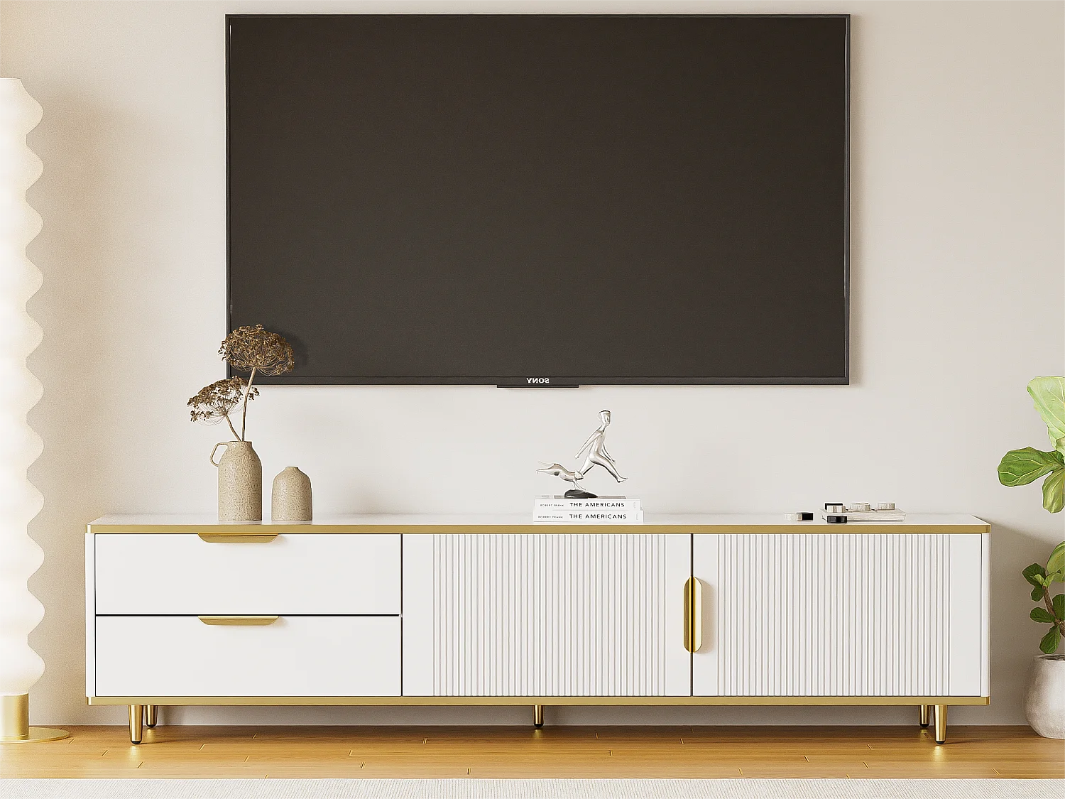 Moderner TV-Schrank – mit 2 Türen und 2 Schubladen – Metallbeine – Weiß