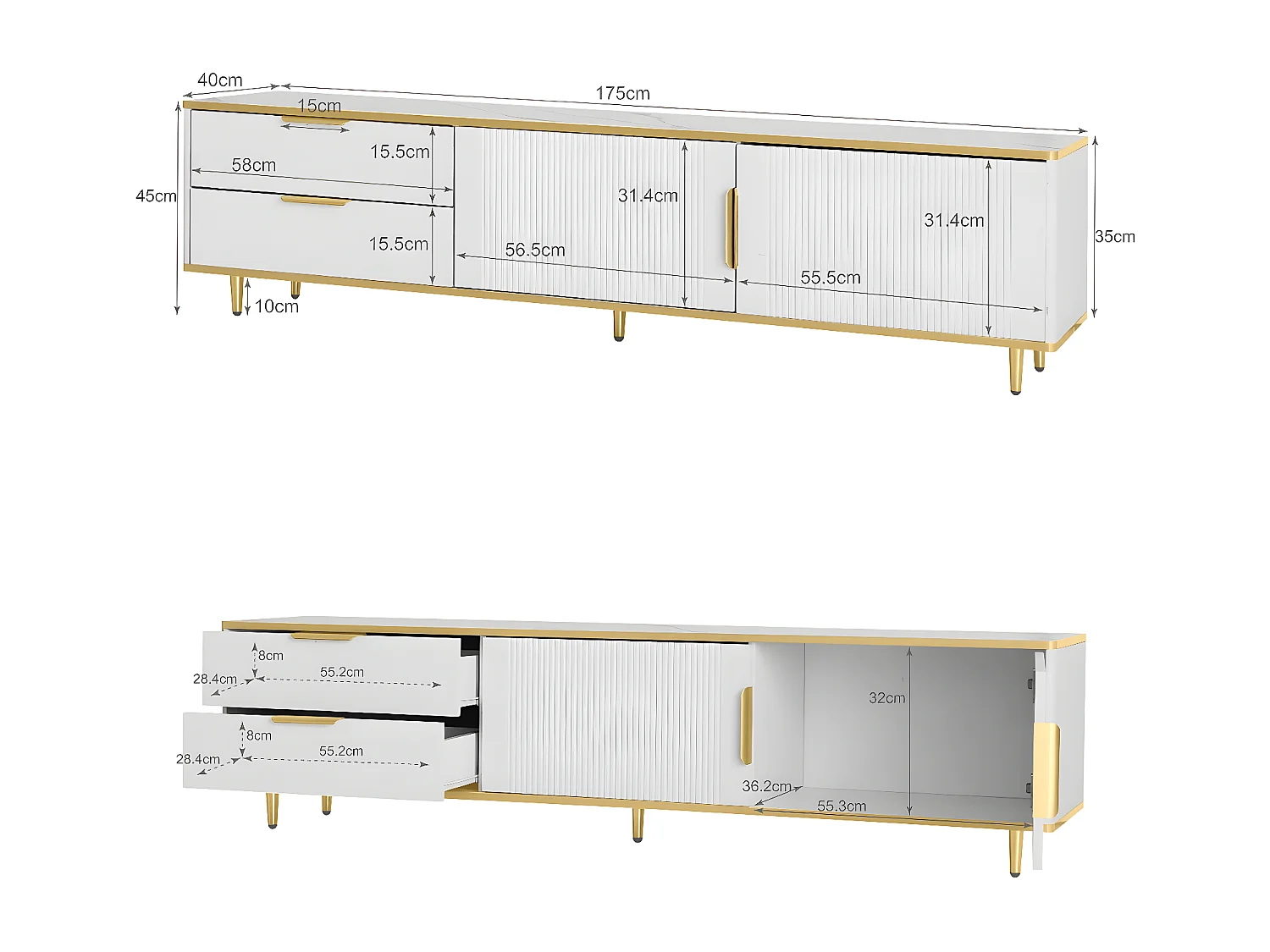 Moderner TV-Schrank – mit 2 Türen und 2 Schubladen – Metallbeine – Weiß