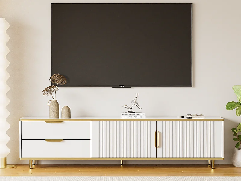 Moderner TV-Schrank – mit 2 Türen und 2 Schubladen – Metallbeine – Weiß