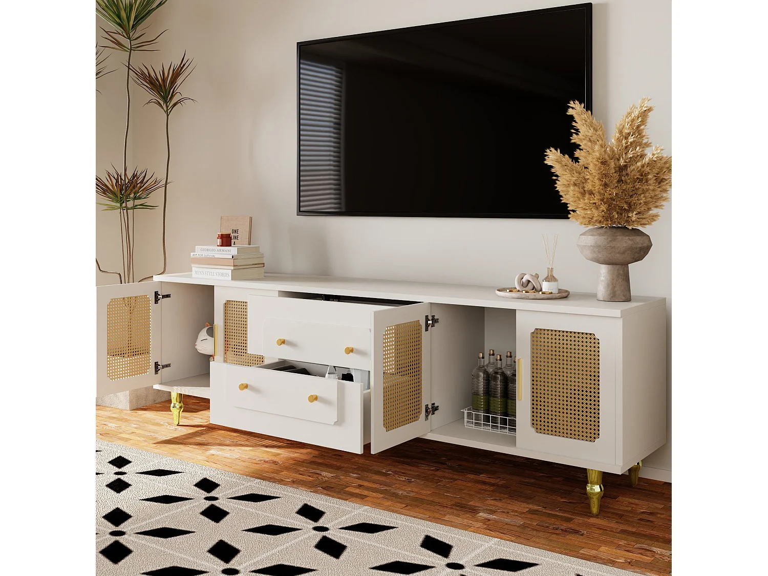 Meuble TV moderne - avec portes en rotin et 2 tiroirs - pieds en métal - Blanc