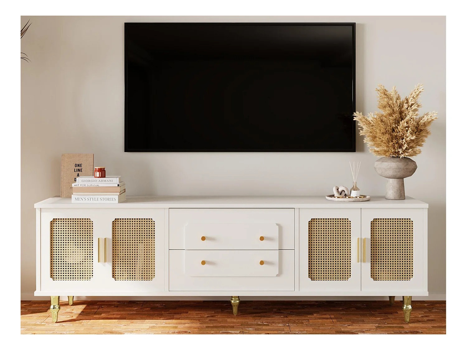 Meuble TV moderne - avec portes en rotin et 2 tiroirs - pieds en métal - Blanc