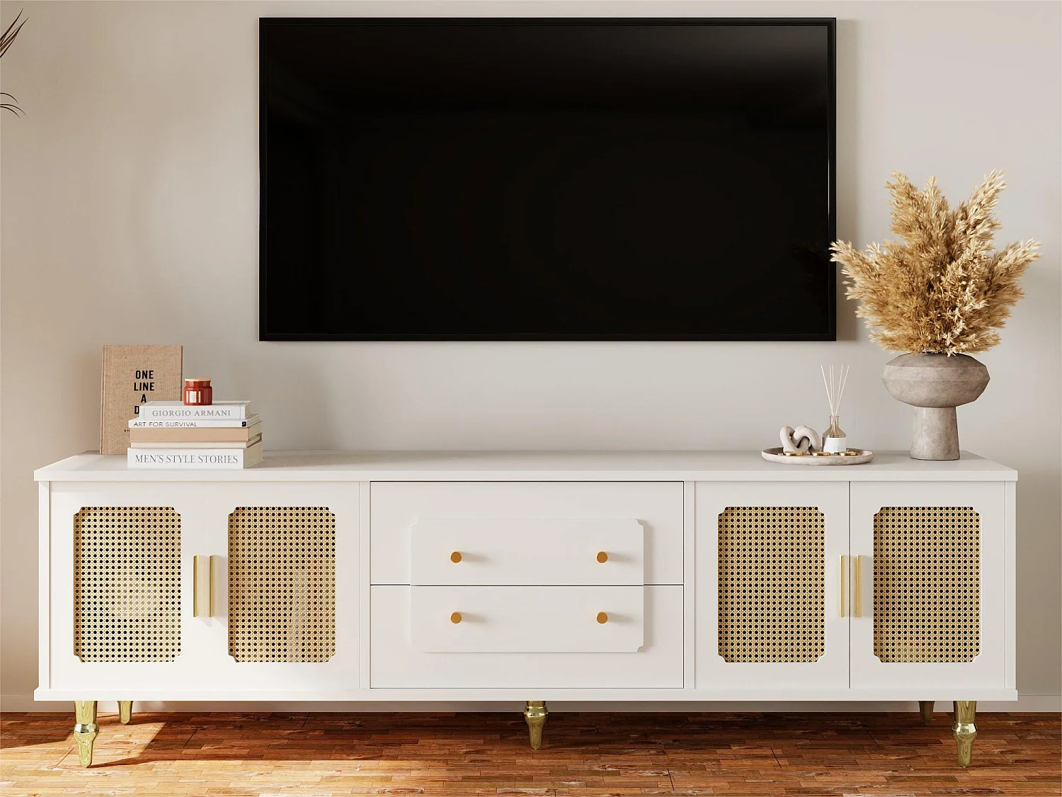 Meuble TV moderne - avec portes en rotin et 2 tiroirs - pieds en métal - Blanc