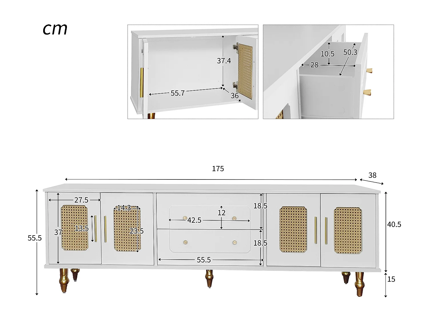 Meuble TV moderne - avec portes en rotin et 2 tiroirs - pieds en métal - Blanc