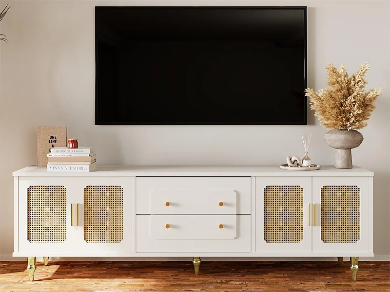 Meuble TV moderne - avec portes en rotin et 2 tiroirs - pieds en métal - Blanc