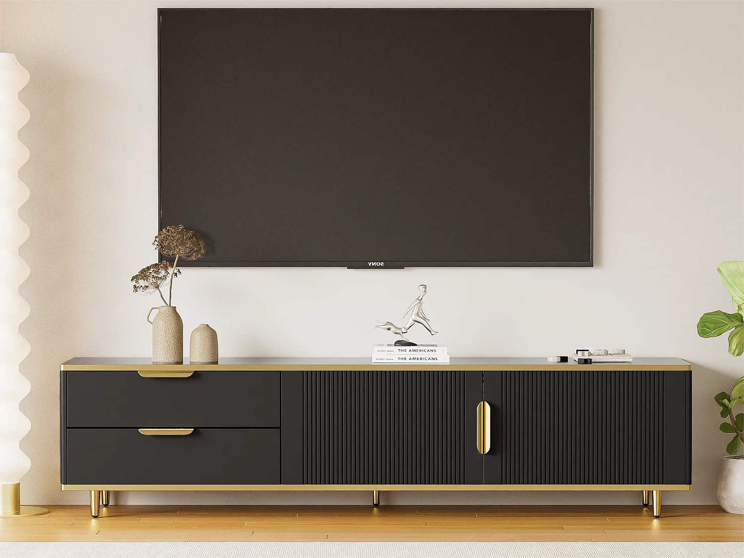 Mueble para TV moderno - con 2 puertas y 2 cajones - patas de metal - Negro