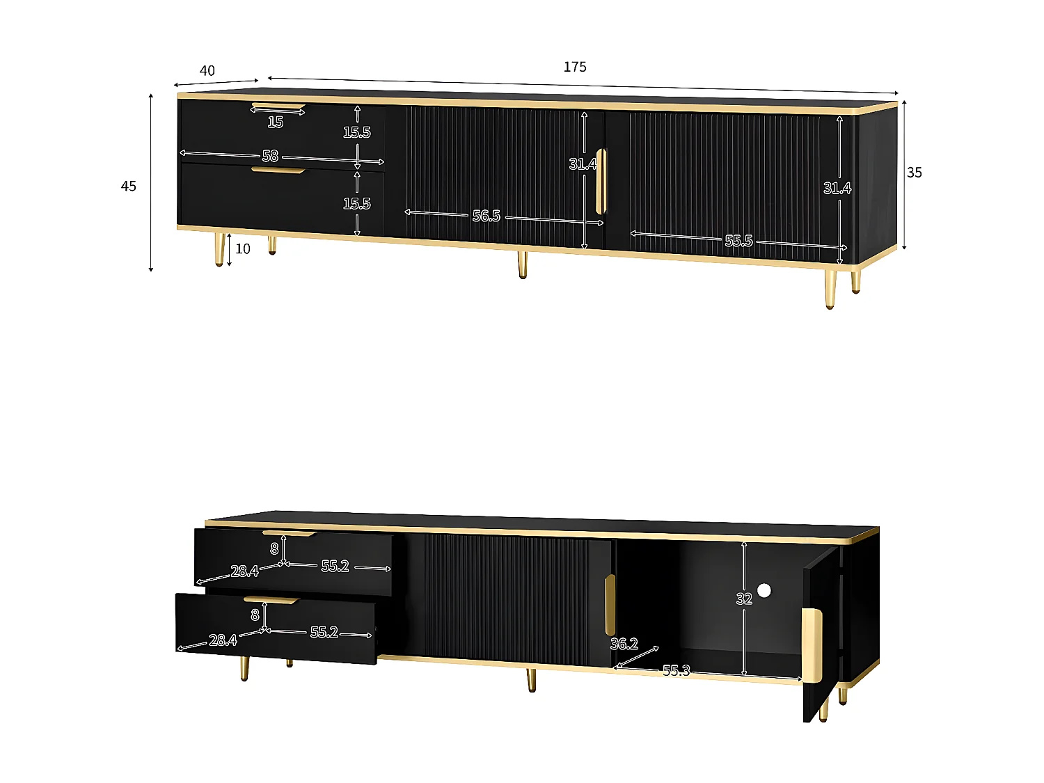 Mueble para TV moderno - con 2 puertas y 2 cajones - patas de metal - Negro