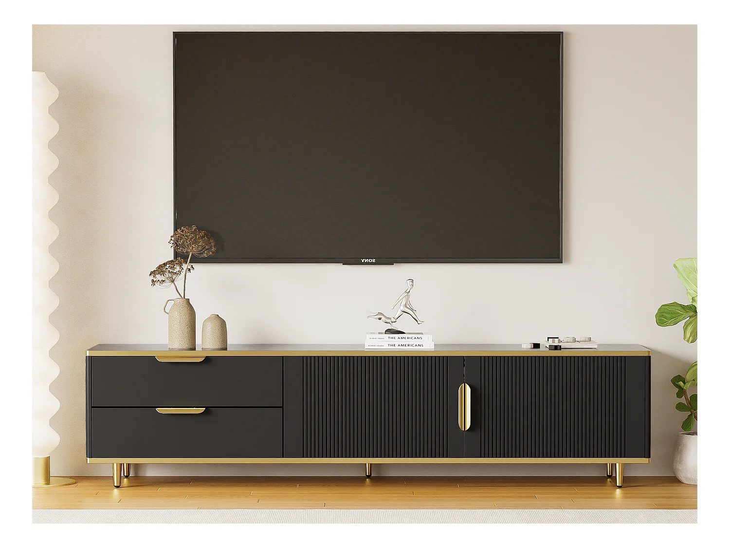Nowoczesny mebel TV - z 2 drzwiami i 2 szufladami - metalowe nogi - czarny