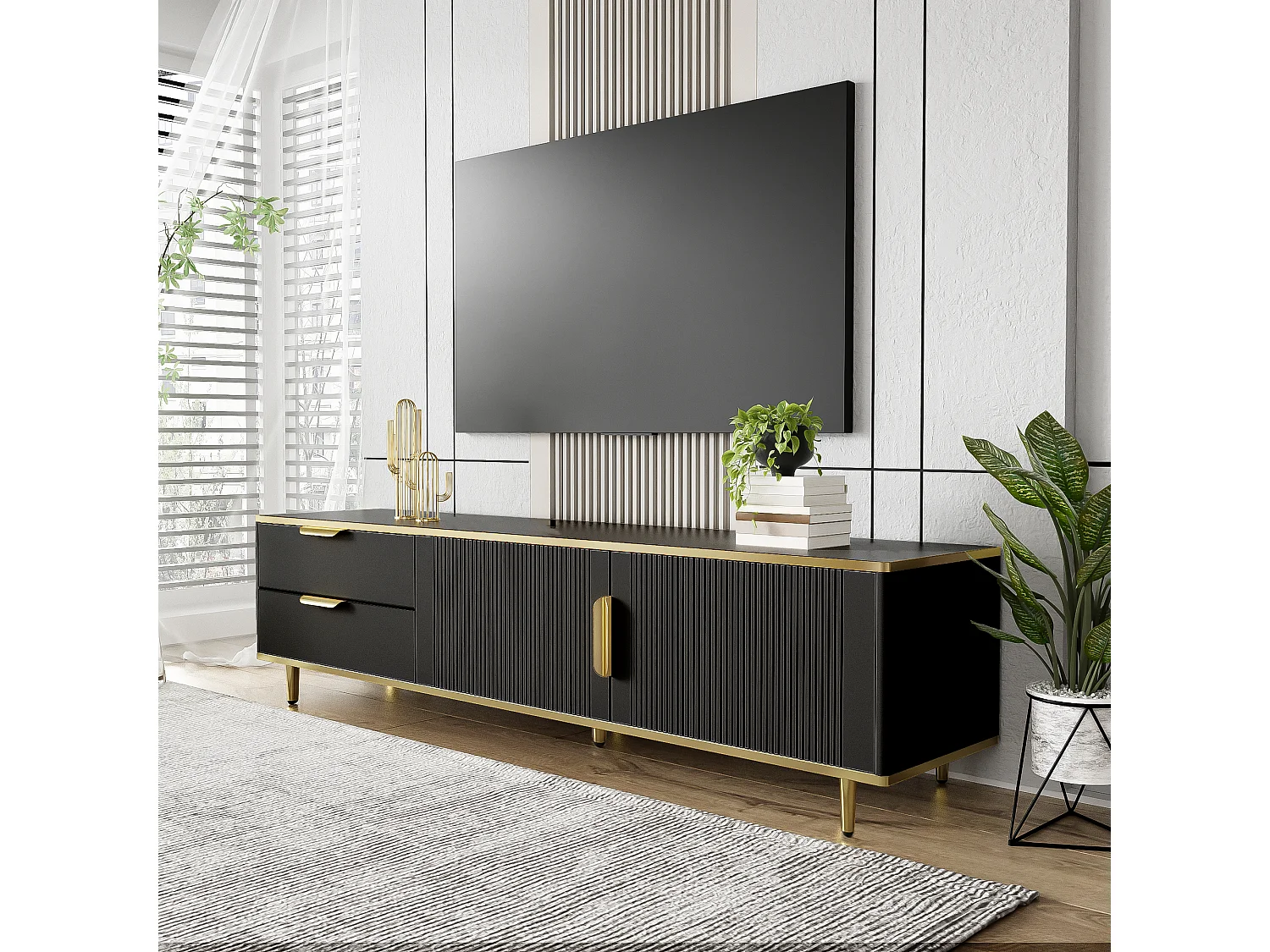 Modern TV-meubel - met 2 deuren en 2 lades - metalen poten - Zwart