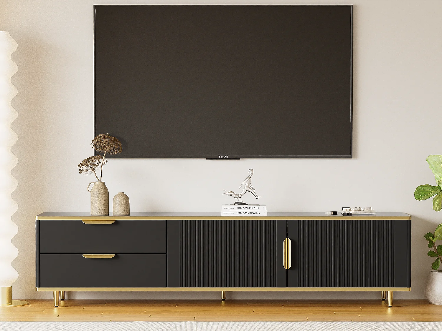 Meuble TV moderne - avec 2 portes et 2 tiroirs - pieds en métal - Noir