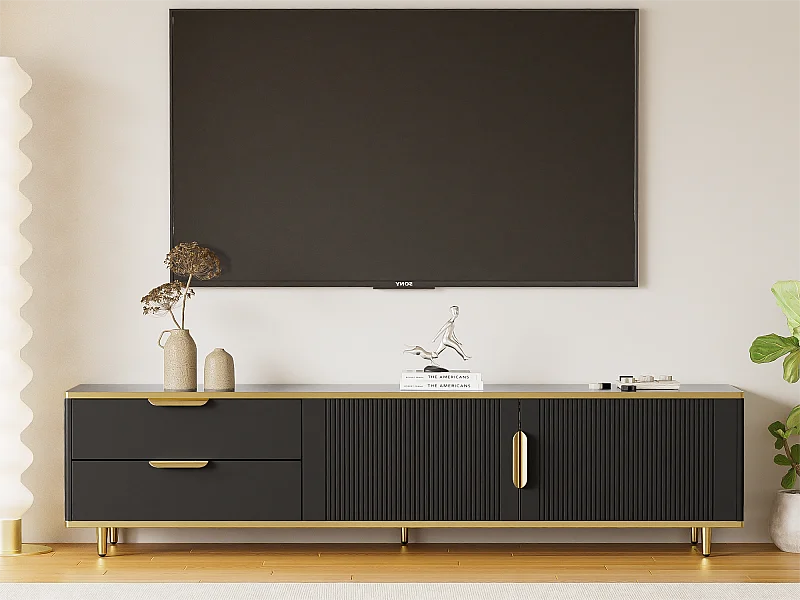 Meuble TV moderne - avec 2 portes et 2 tiroirs - pieds en métal - Noir