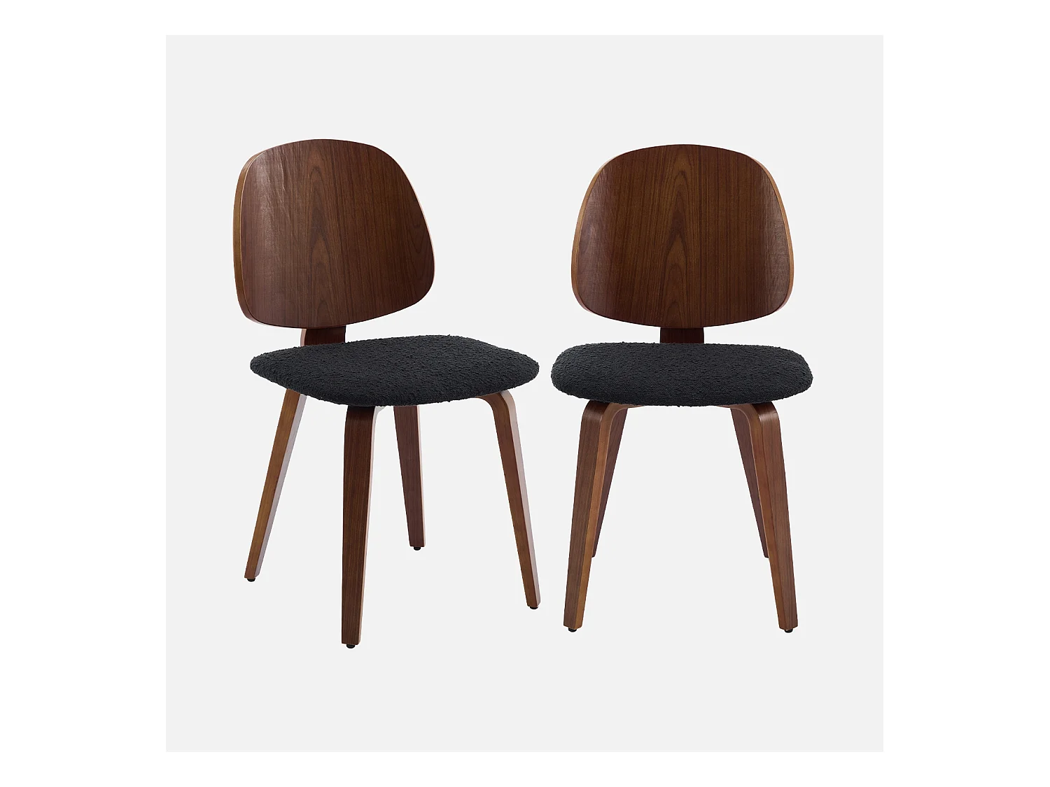 Lot de 2 chaises décor bois courbé placage effet noyer et bouclette texturée noire