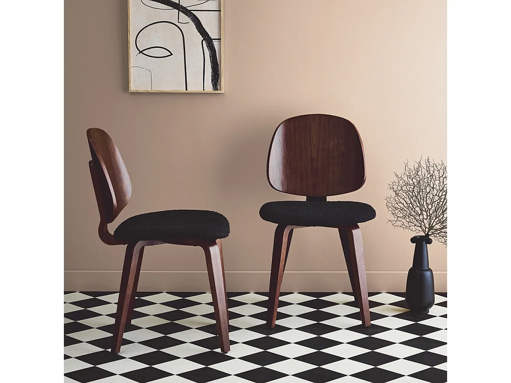 Silla curvada de madera y borreguito, set de 2 negro