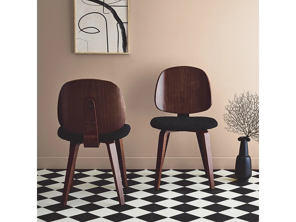 Silla curvada de madera y borreguito, set de 2 negro
