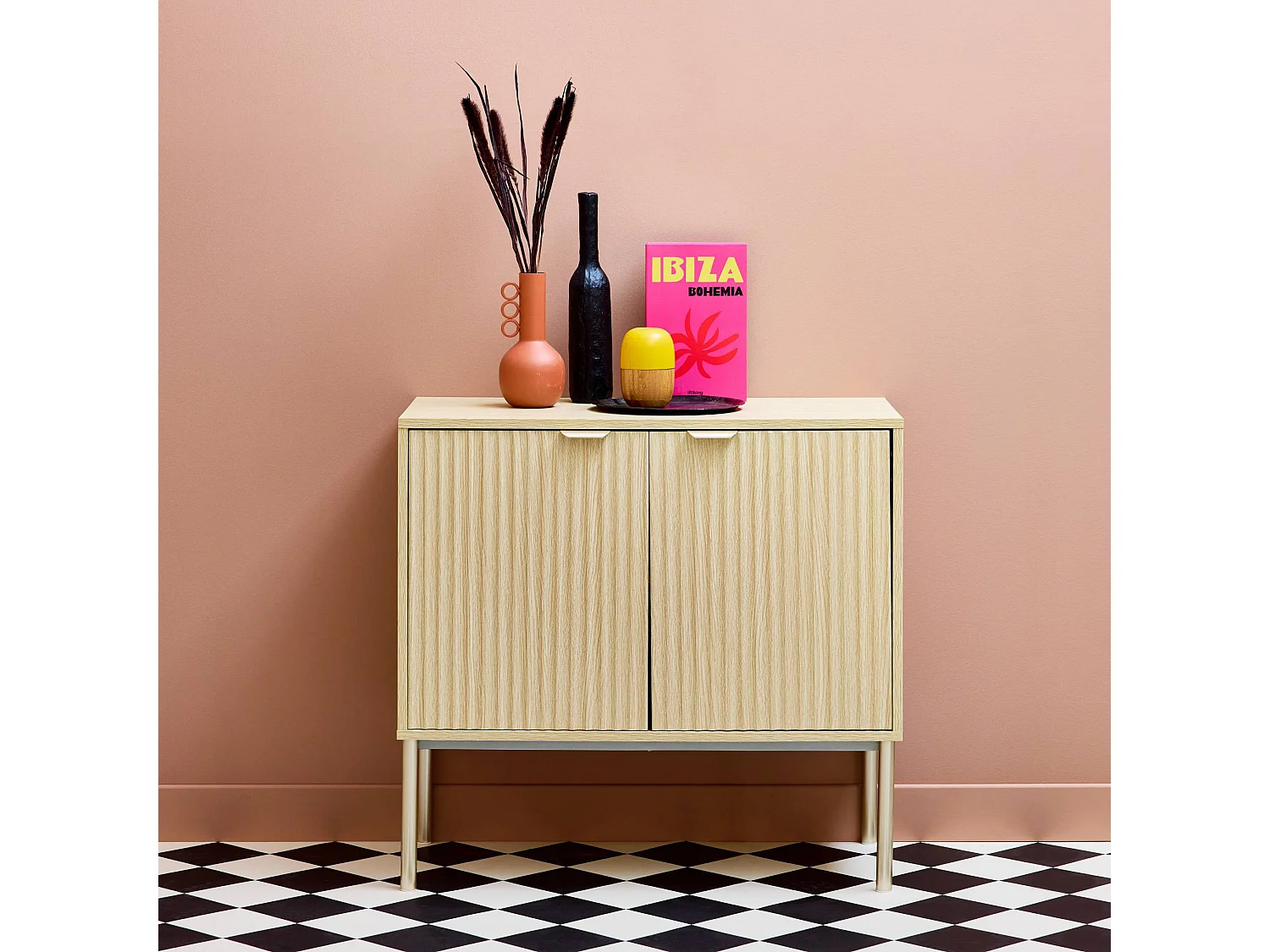 Aparador efecto madera y metal, 2 puertas 80cm natural