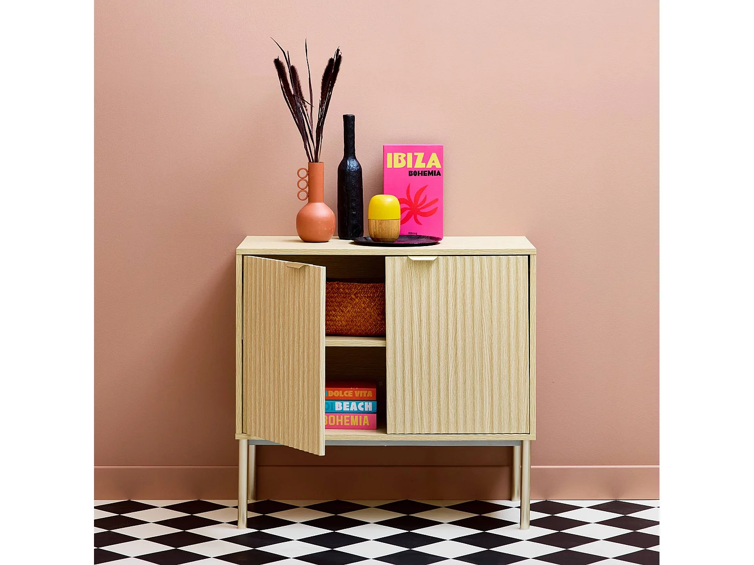 Buffet effet bois rainuré et métal champagne. 2 portes 80cm. buffet bas