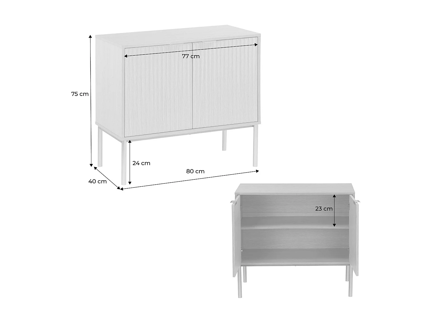 Buffet effet bois rainuré et métal champagne. 2 portes 80cm. buffet bas
