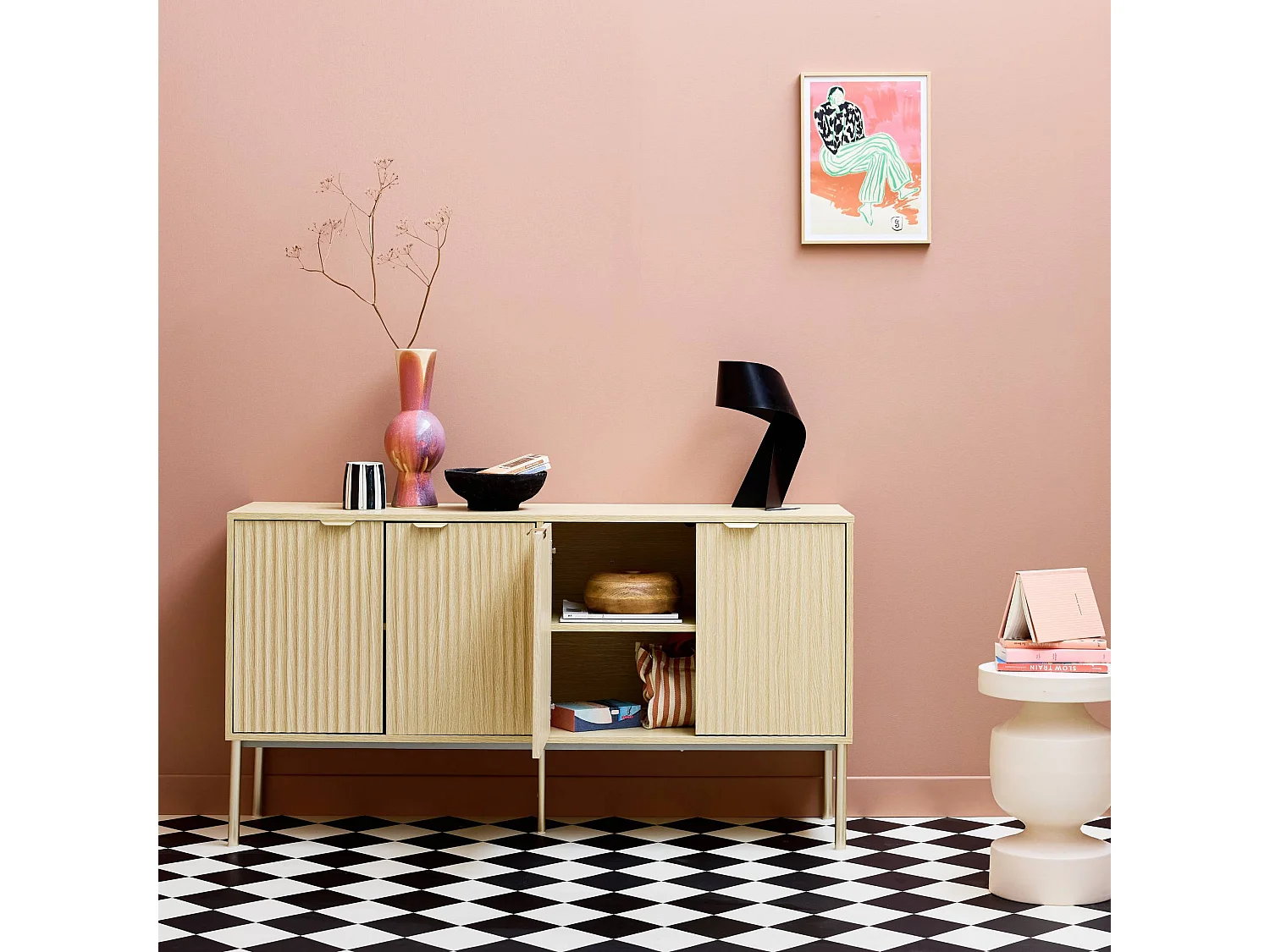 Aparador efecto madera y metal, 4 puertas 140cm natural