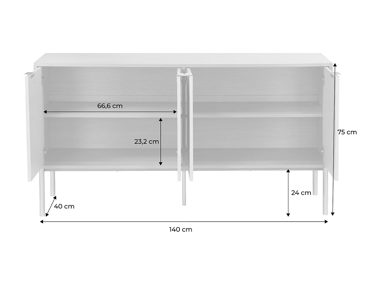 Aparador efecto madera y metal, 4 puertas 140cm natural