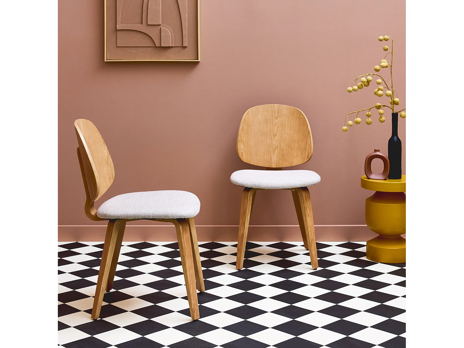 Silla curvada de madera y borreguito, set de 2 gris claro