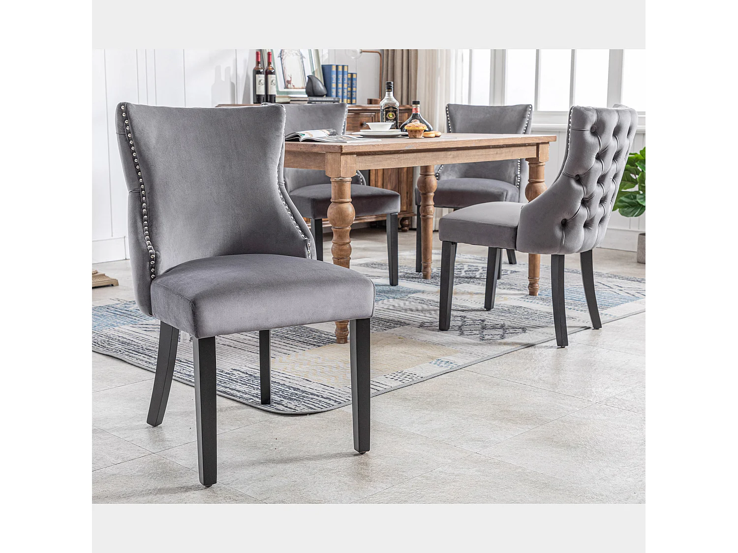 Set van 4 eetkamerstoelen - Fluweel en massief hout - Achterkant ruitpatroon - Grijs en zwart