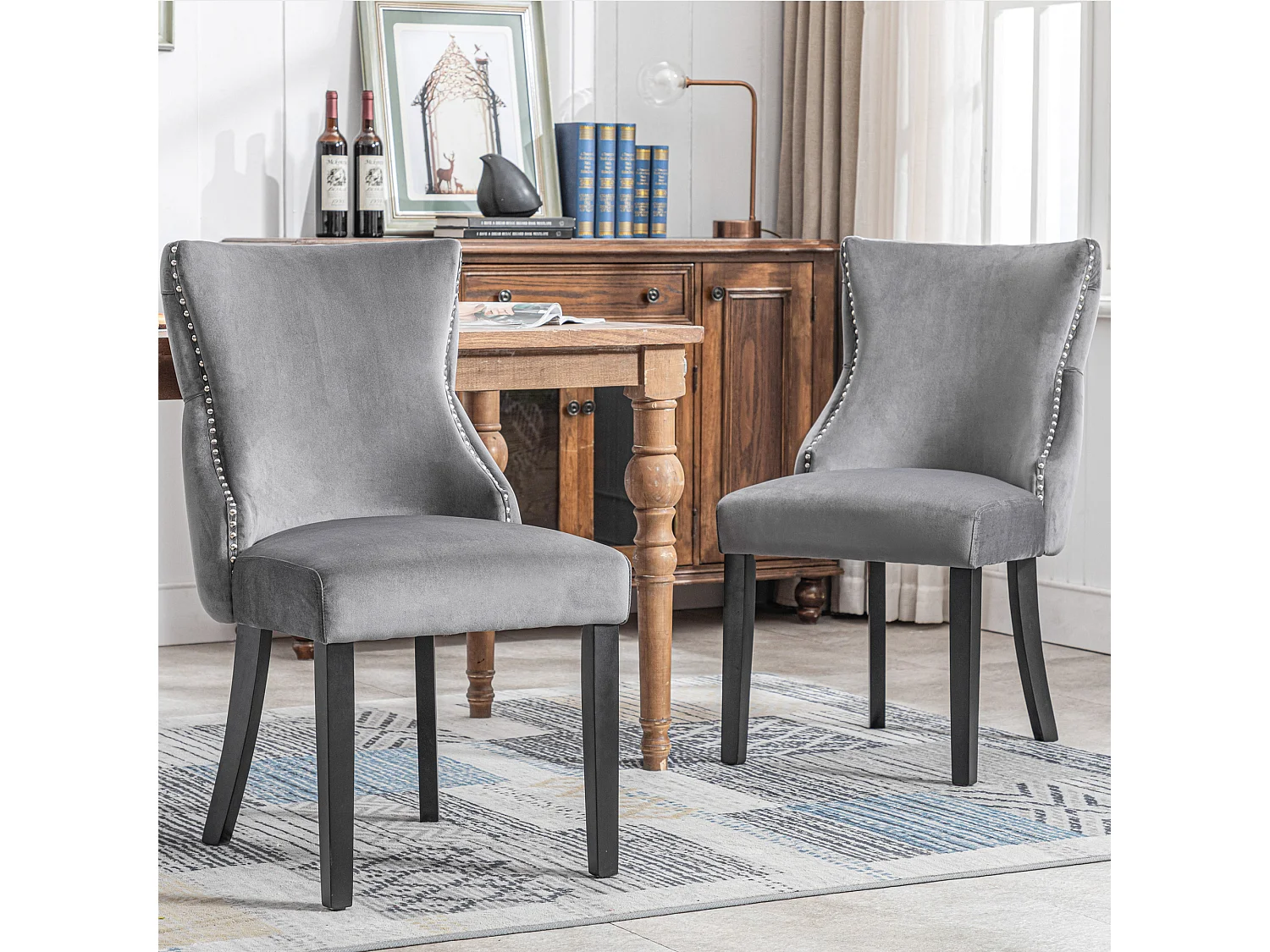 Set di 4 sedie per sala da pranzo - Velluto e legno massiccio - Schienale con motivo a rombi - Grigio e nero