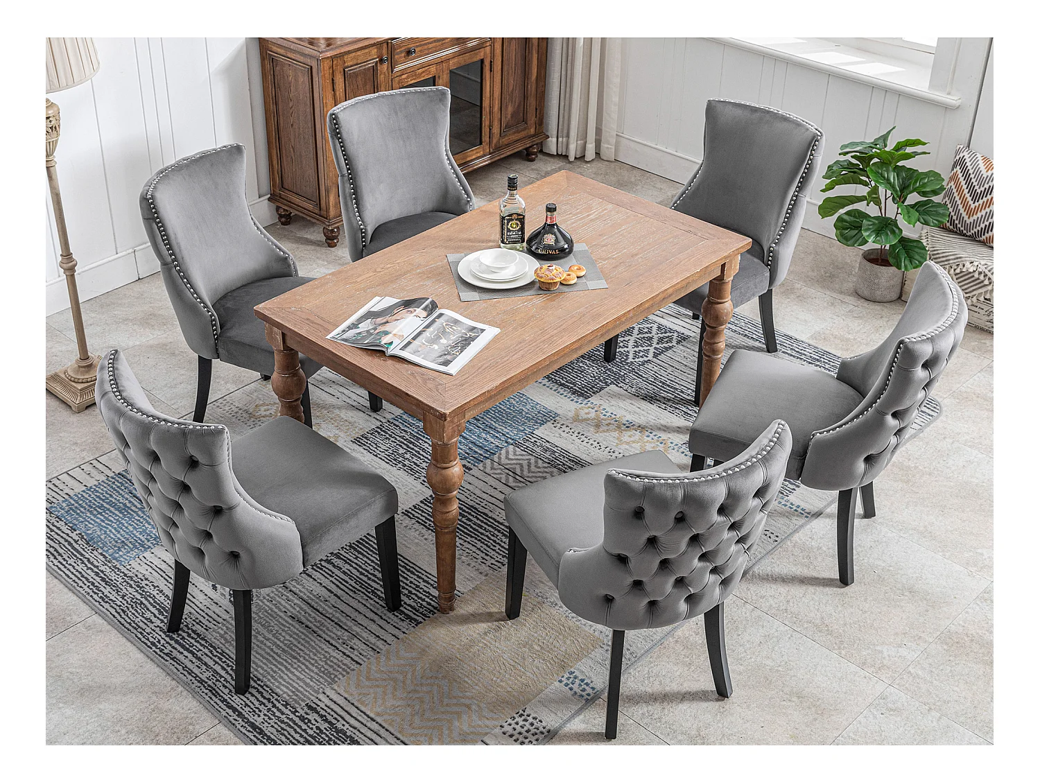 Lot de 6 chaises de salle à manger - Velours et bois massif - Dossier à motif losange - Gris et noir