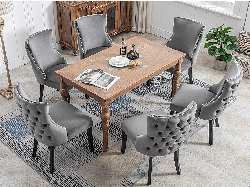 Set van 6 eetkamerstoelen - Fluweel en massief hout - Achterkant ruitpatroon - Grijs en zwart