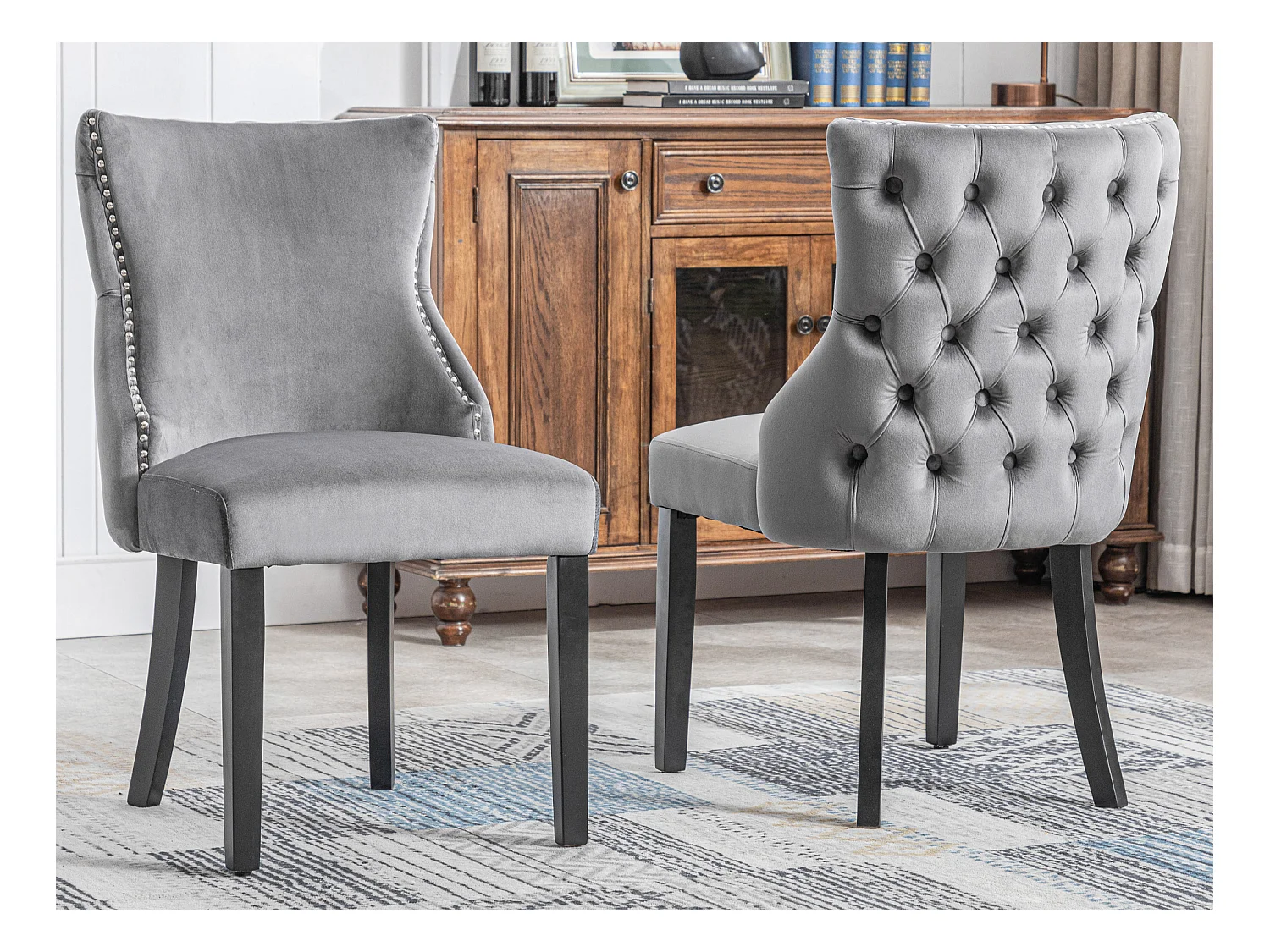 Lot de 2 chaises de salle à manger - Velours et bois massif - Dossier à motif losange - Gris et noir