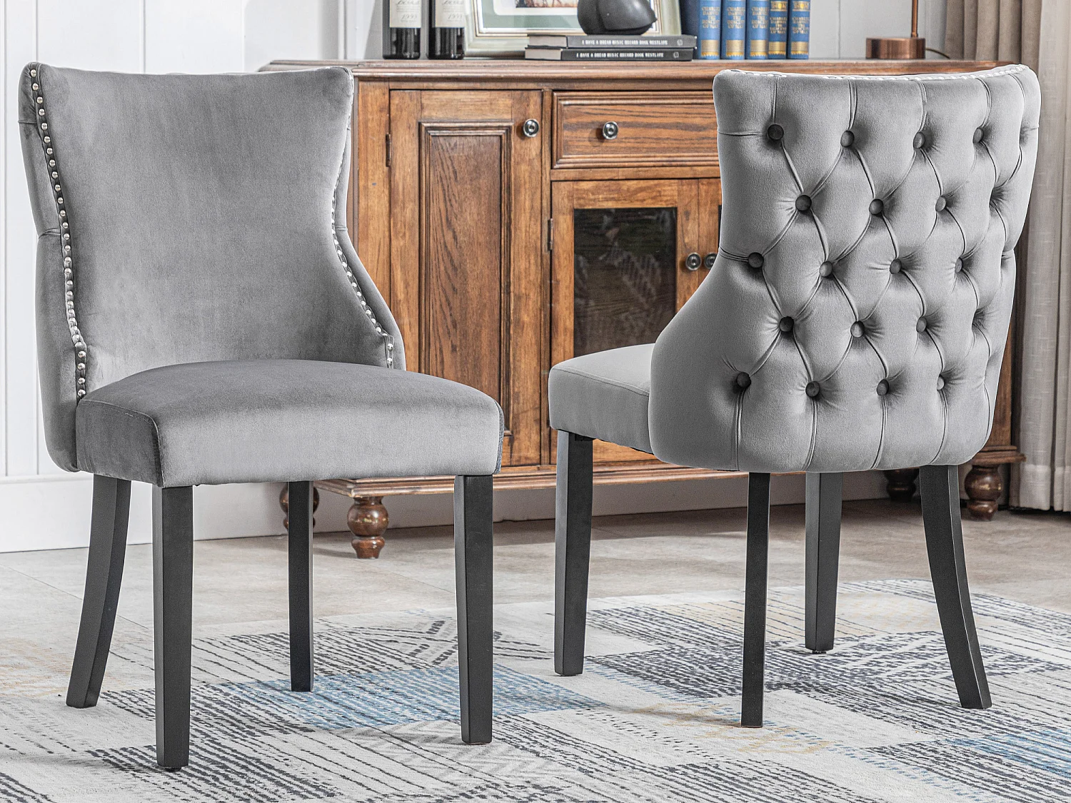 Lot de 2 chaises de salle à manger - Velours et bois massif - Dossier à motif losange - Gris et noir