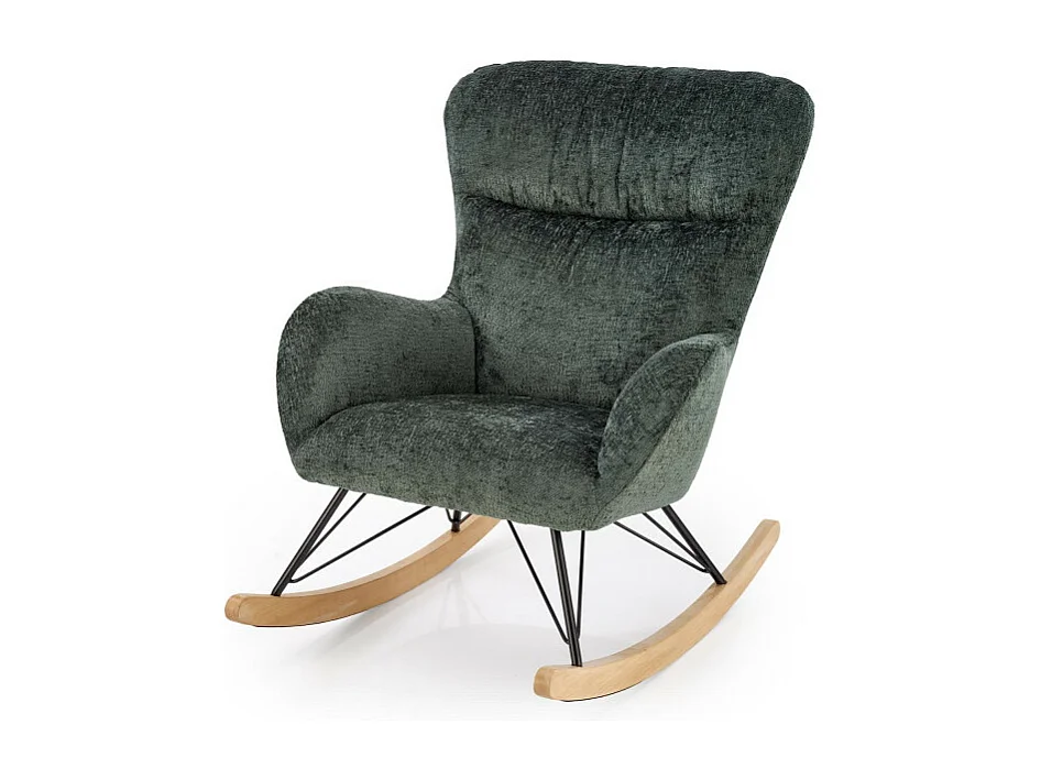 Sedia a dondolo Heather in tessuto verde con gambe in metallo nero e legno