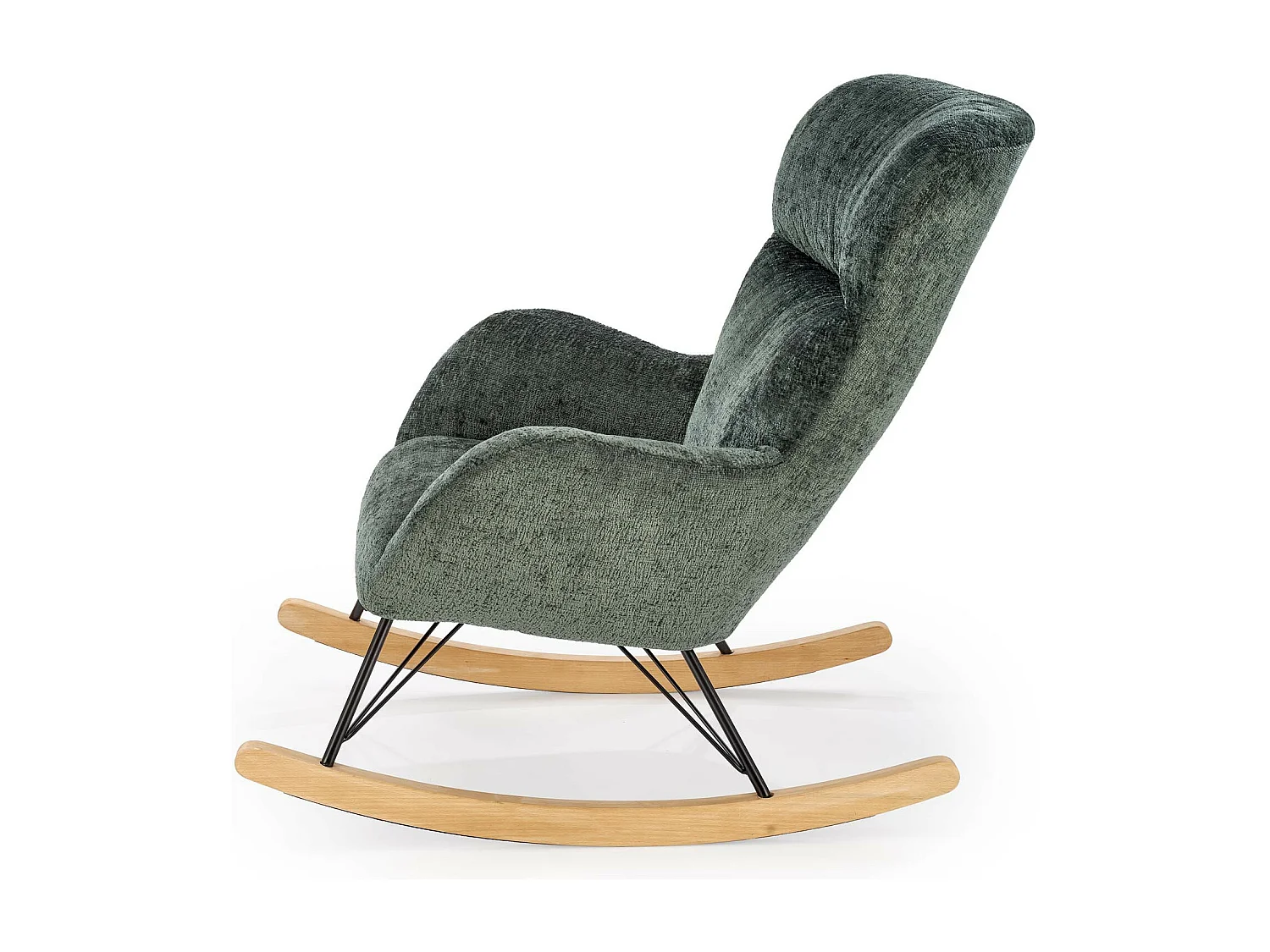 Sedia a dondolo Heather in tessuto verde con gambe in metallo nero e legno