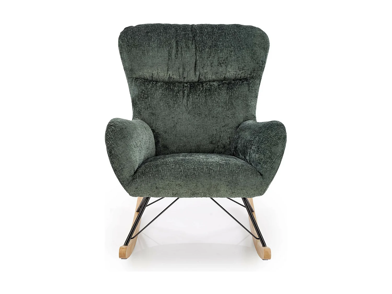 Sedia a dondolo Heather in tessuto verde con gambe in metallo nero e legno