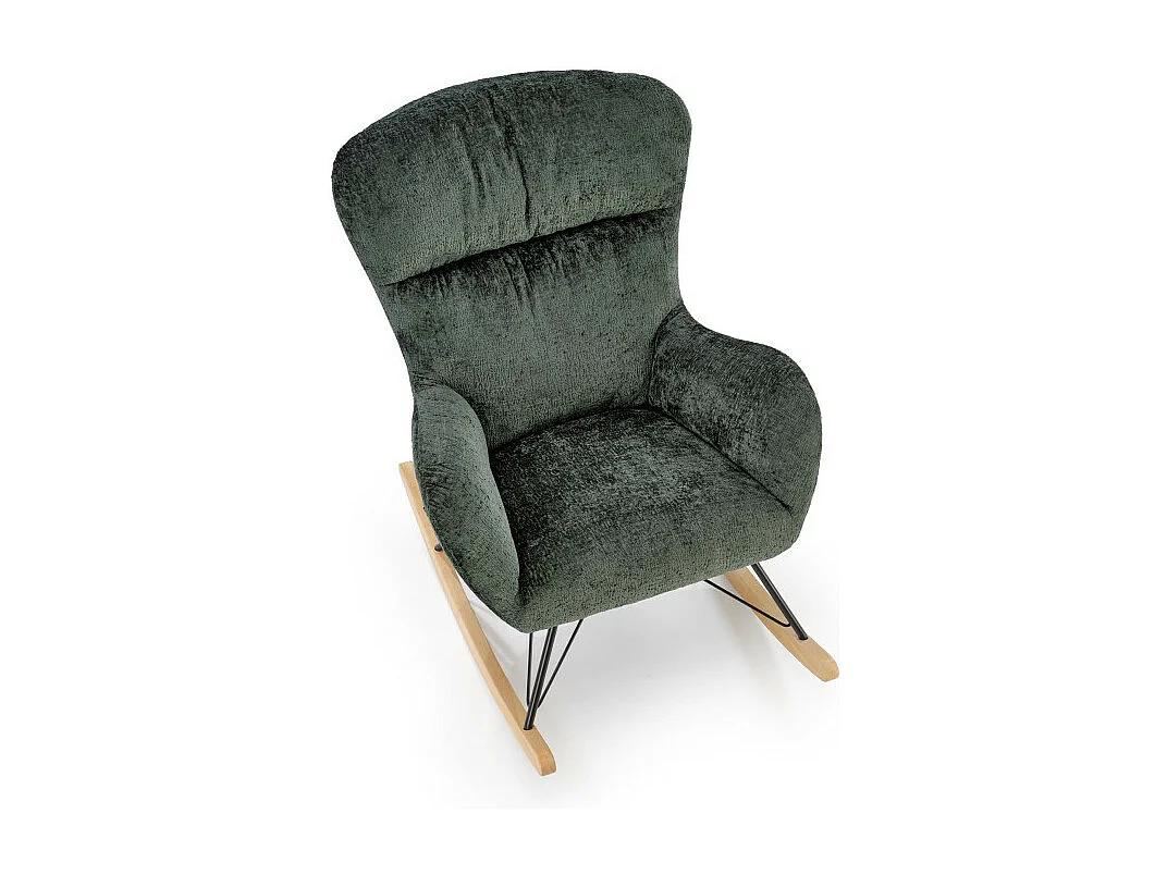 Sedia a dondolo Heather in tessuto verde con gambe in metallo nero e legno