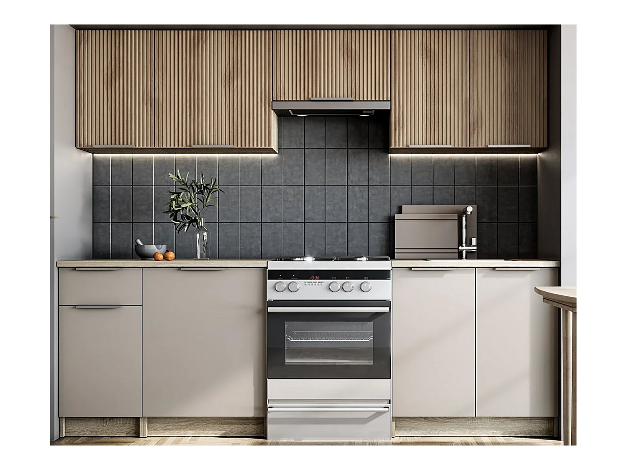 Cuisine gris cendre et aspect chêne Sonoma 240 cm Psyché