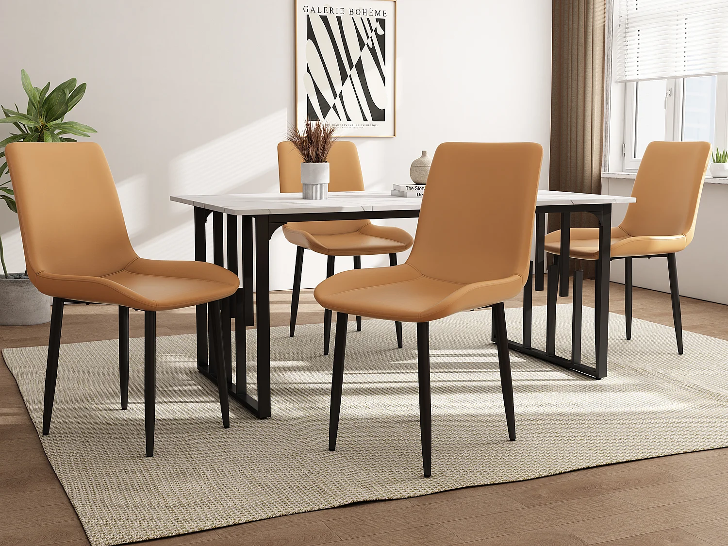 Ensemble table + 4 chaises en cuir PU - Table à motif marbre 140 x 80 cm - Pièds en métal - Marron + blanc