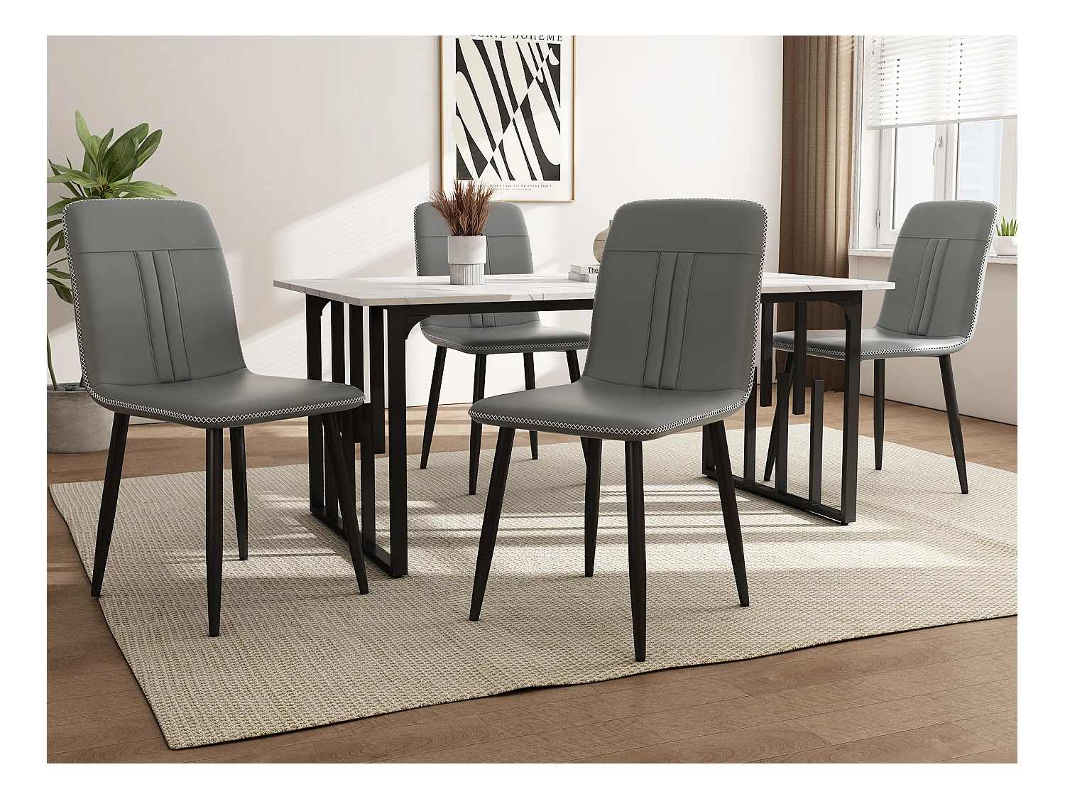 Tafel + 4 stoelen set in PU leer - Tafel 140 x 80 cm - Metalen poten - Grijs + wit