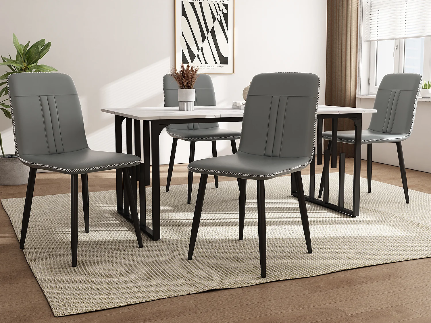 Tafel + 4 stoelen set in PU leer - Tafel 140 x 80 cm - Metalen poten - Grijs + wit