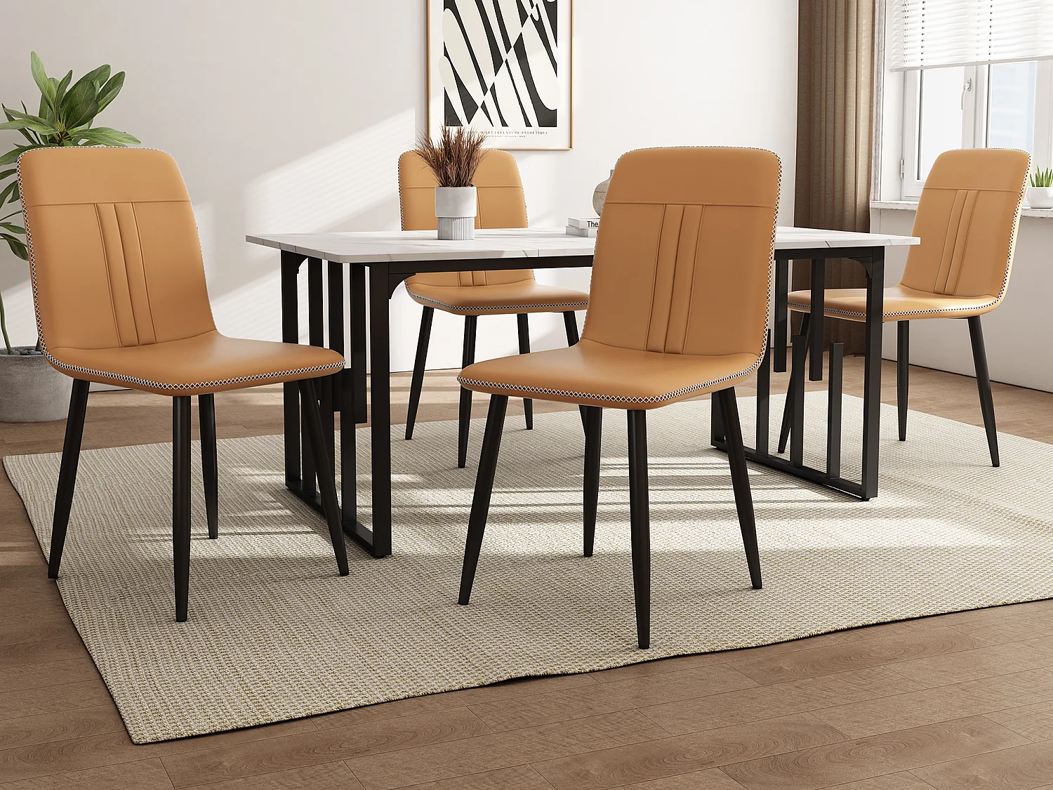 Ensemble table + 4 chaises en cuir PU - Table 140 x 80 cm - Pièds en métal - Marron + blanc