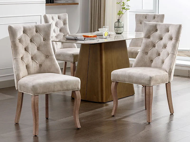 Conjunto de 4 cadeiras para sala de jantar - Veludo e madeira maciça - Costas com padrão diamante - Bege claro