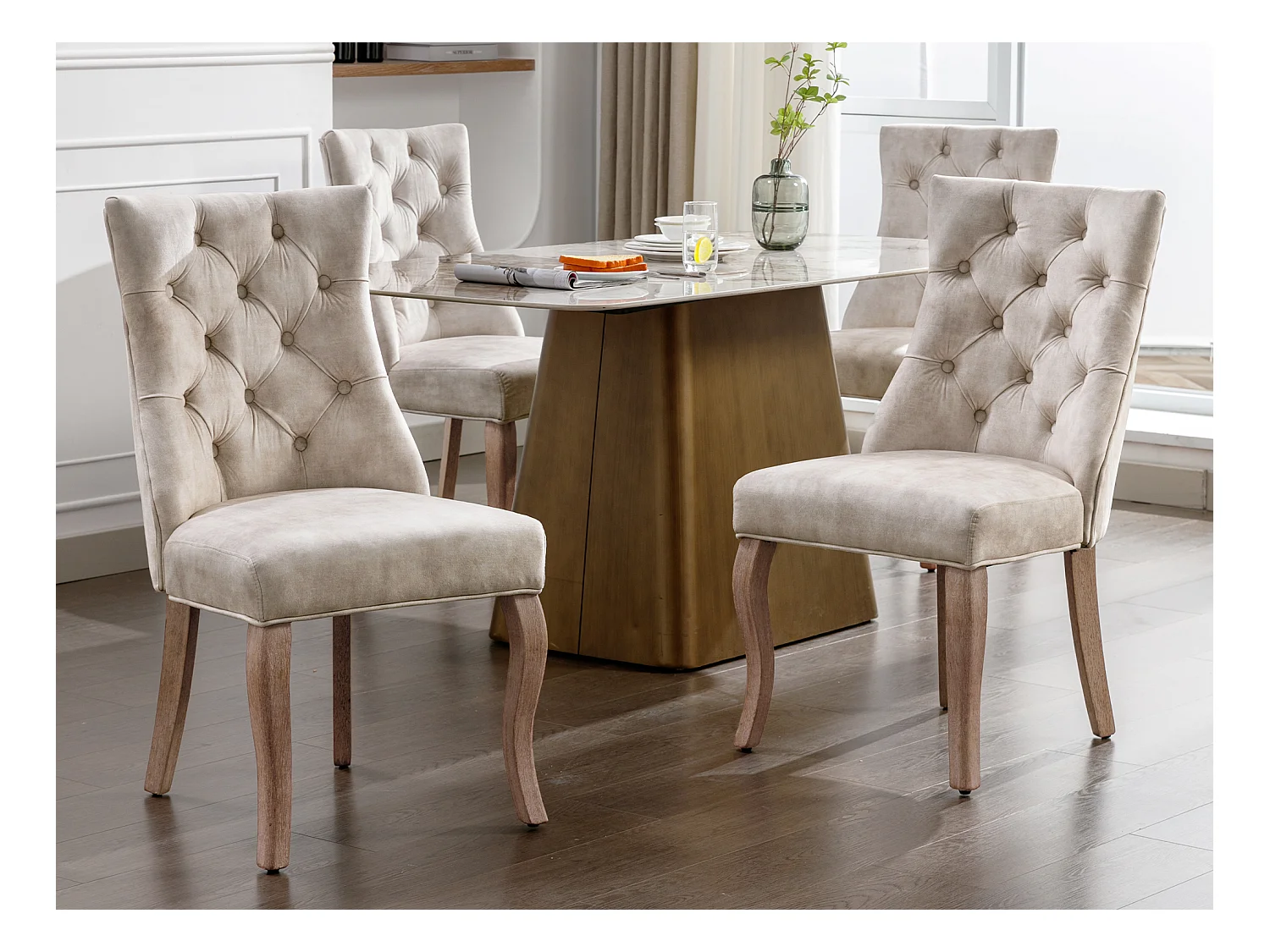 Lot de 4 chaises de salle à manger - Velours et bois massif - Dossier à motif losange - Beige clair