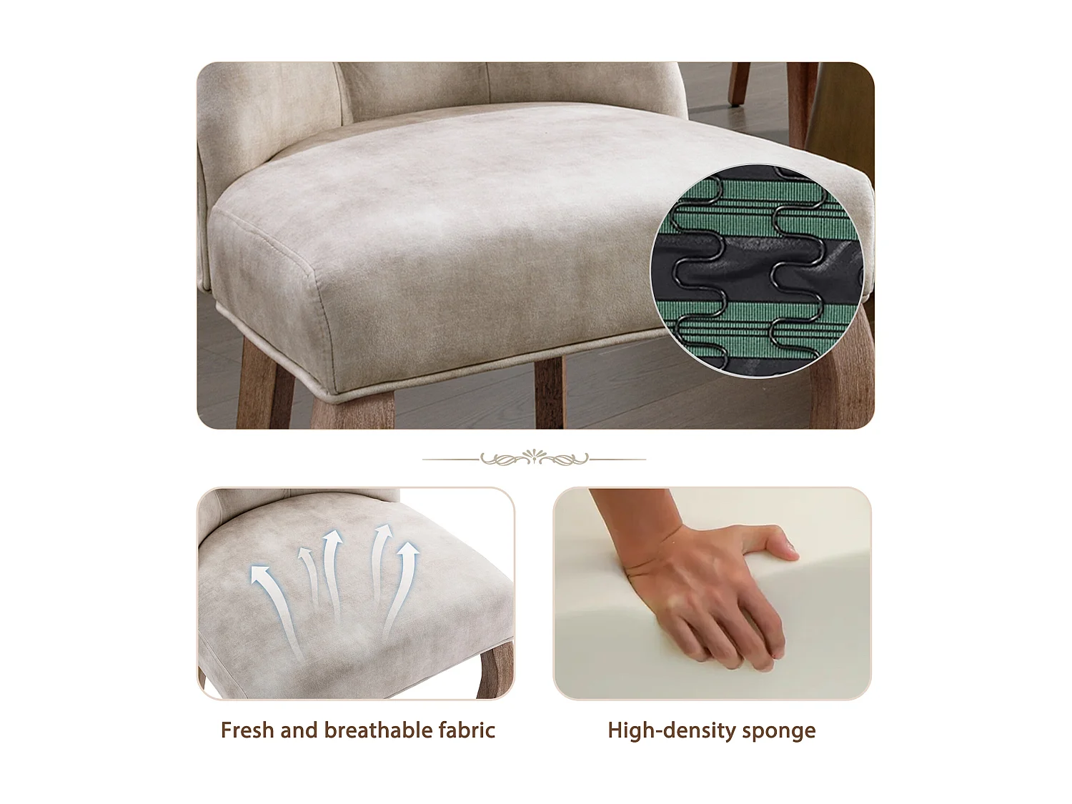 Lot de 4 chaises de salle à manger - Velours et bois massif - Dossier à motif losange - Beige clair