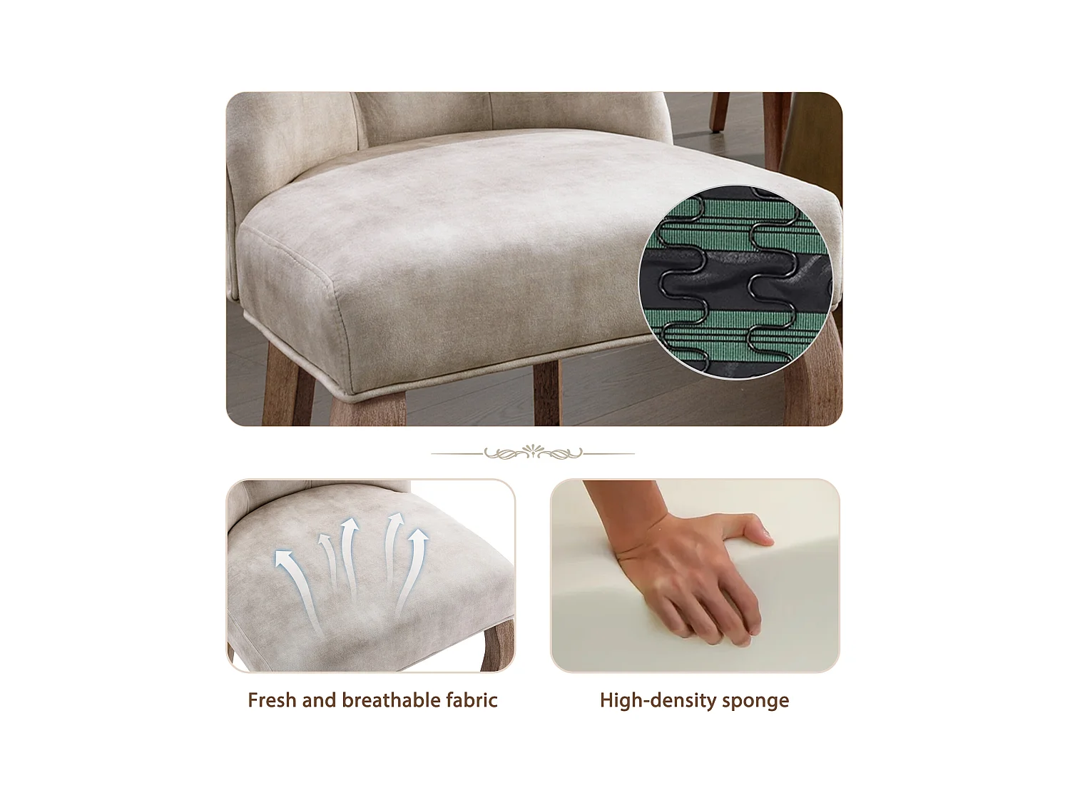 Lot de 4 chaises de salle à manger - Velours et bois massif - Dossier à motif losange - Beige clair